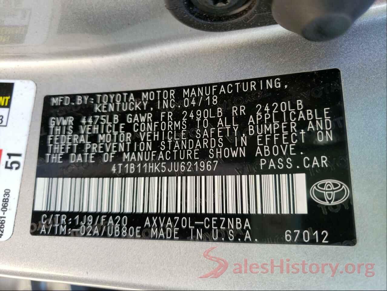 4T1B11HK5JU621967 2018 TOYOTA CAMRY