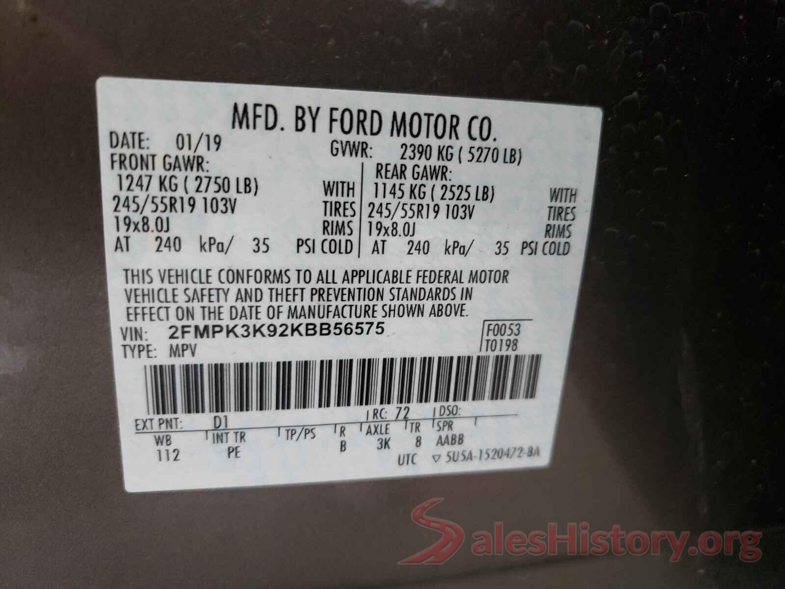 2FMPK3K92KBB56575 2019 FORD EDGE