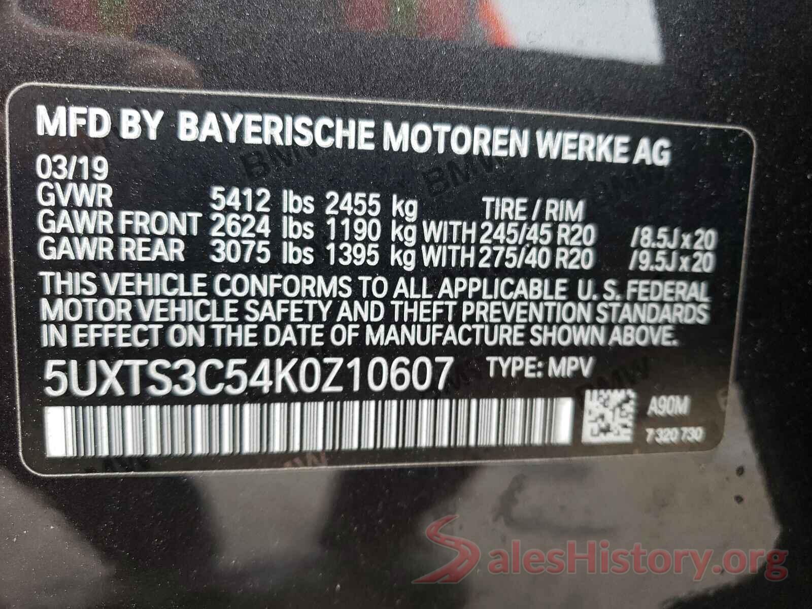 5UXTS3C54K0Z10607 2019 BMW X3