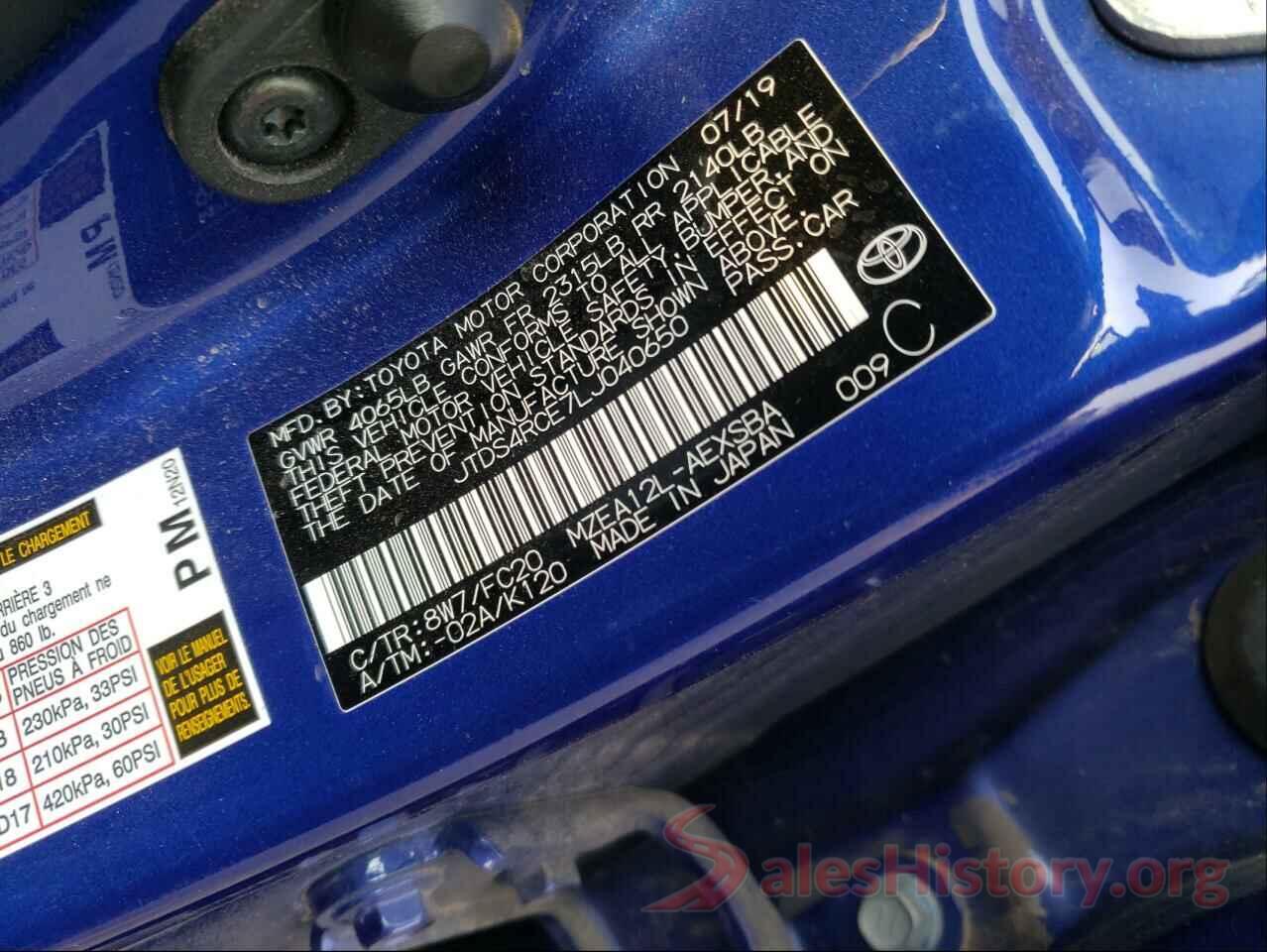 JTDS4RCE7LJ040650 2020 TOYOTA COROLLA