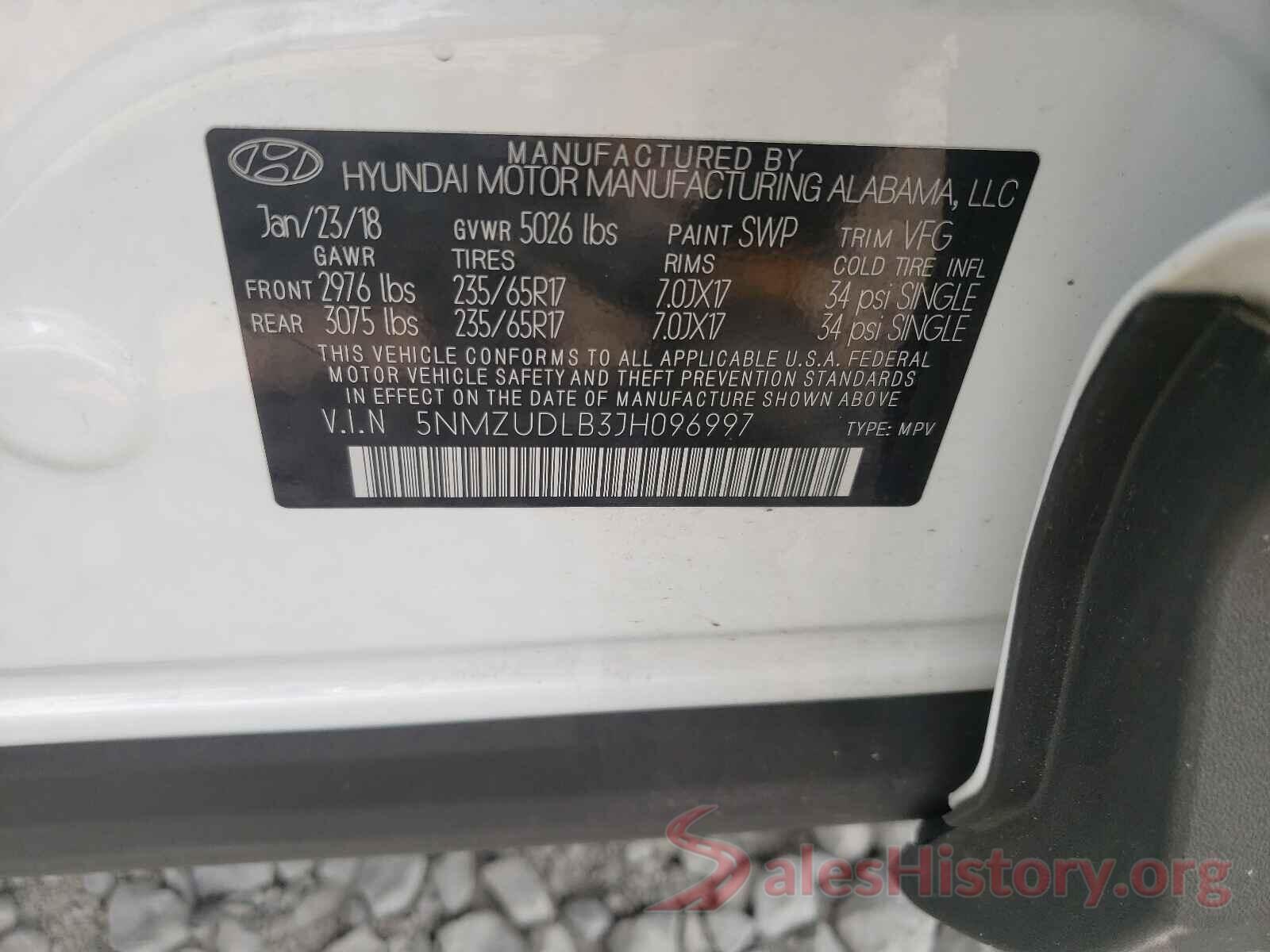 5NMZUDLB3JH096997 2018 HYUNDAI SANTA FE