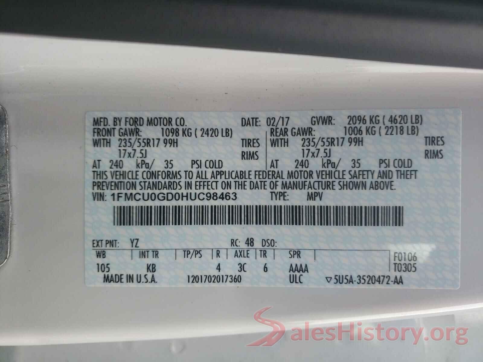 1FMCU0GD0HUC98463 2017 FORD ESCAPE