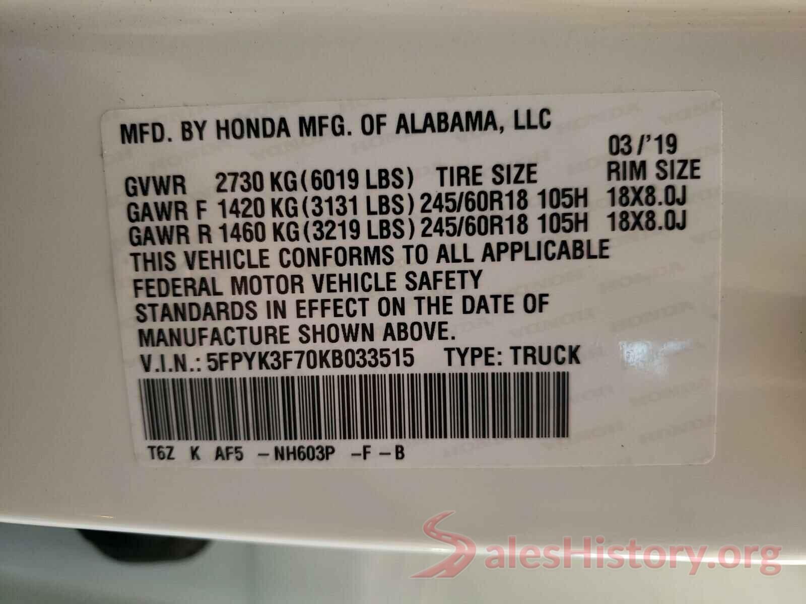 5FPYK3F70KB033515 2019 HONDA RIDGELINE