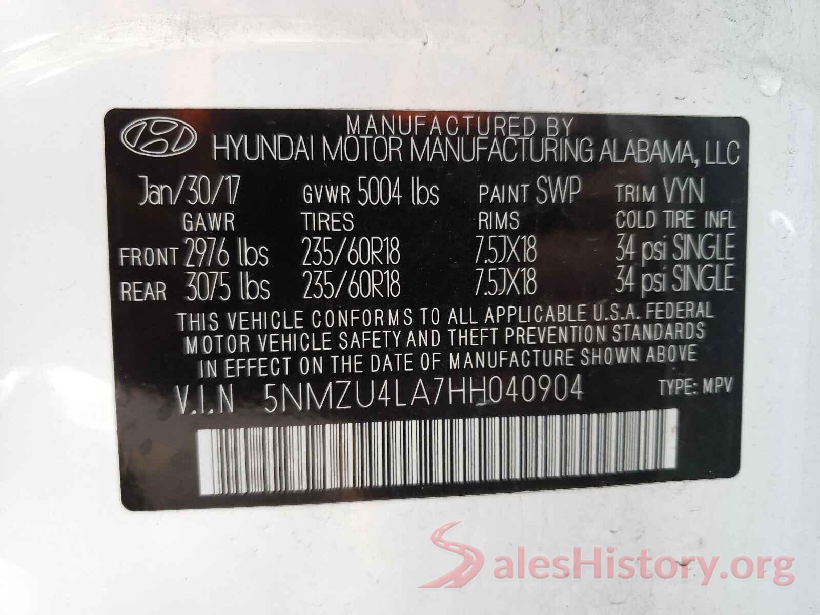 5NMZU4LA7HH040904 2017 HYUNDAI SANTA FE