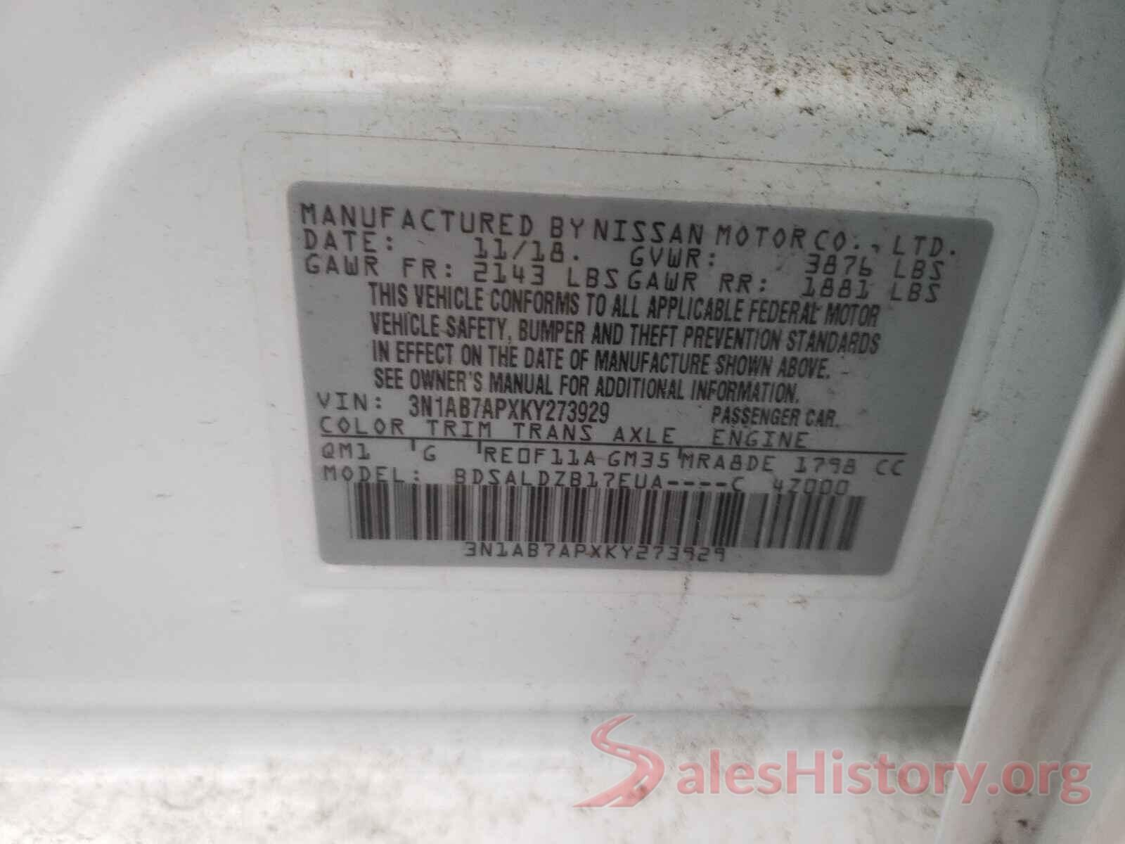 3N1AB7APXKY273929 2019 NISSAN SENTRA