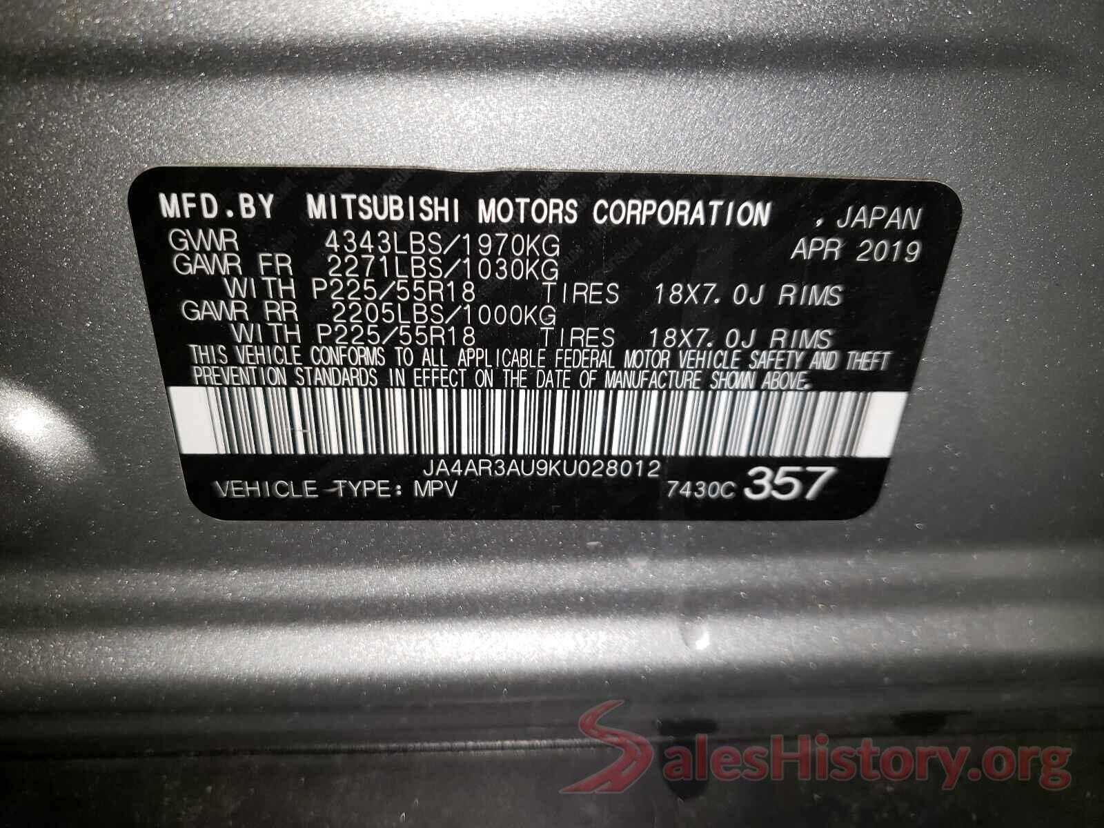 JA4AR3AU9KU028012 2019 MITSUBISHI OUTLANDER