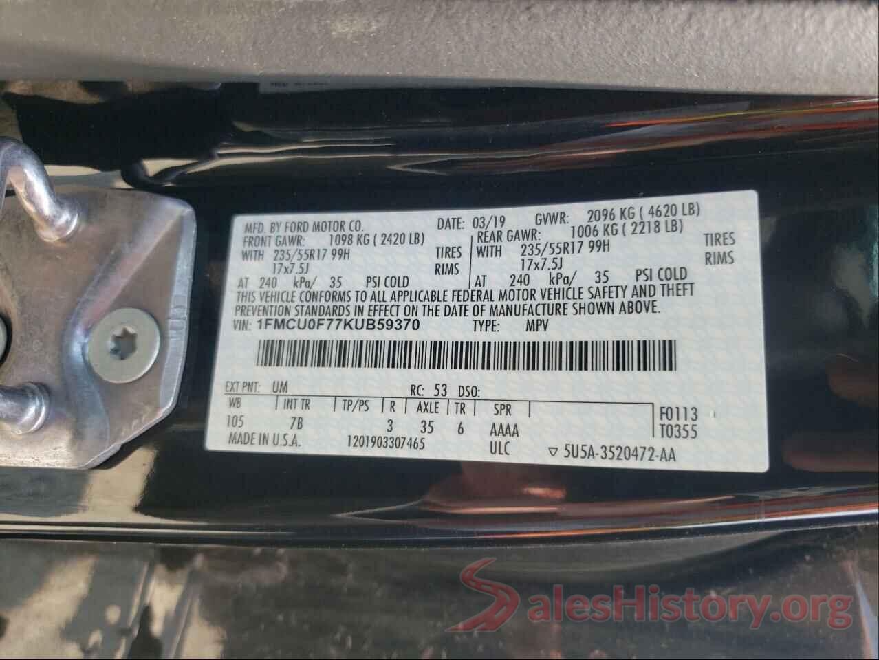 1FMCU0F77KUB59370 2019 FORD ESCAPE