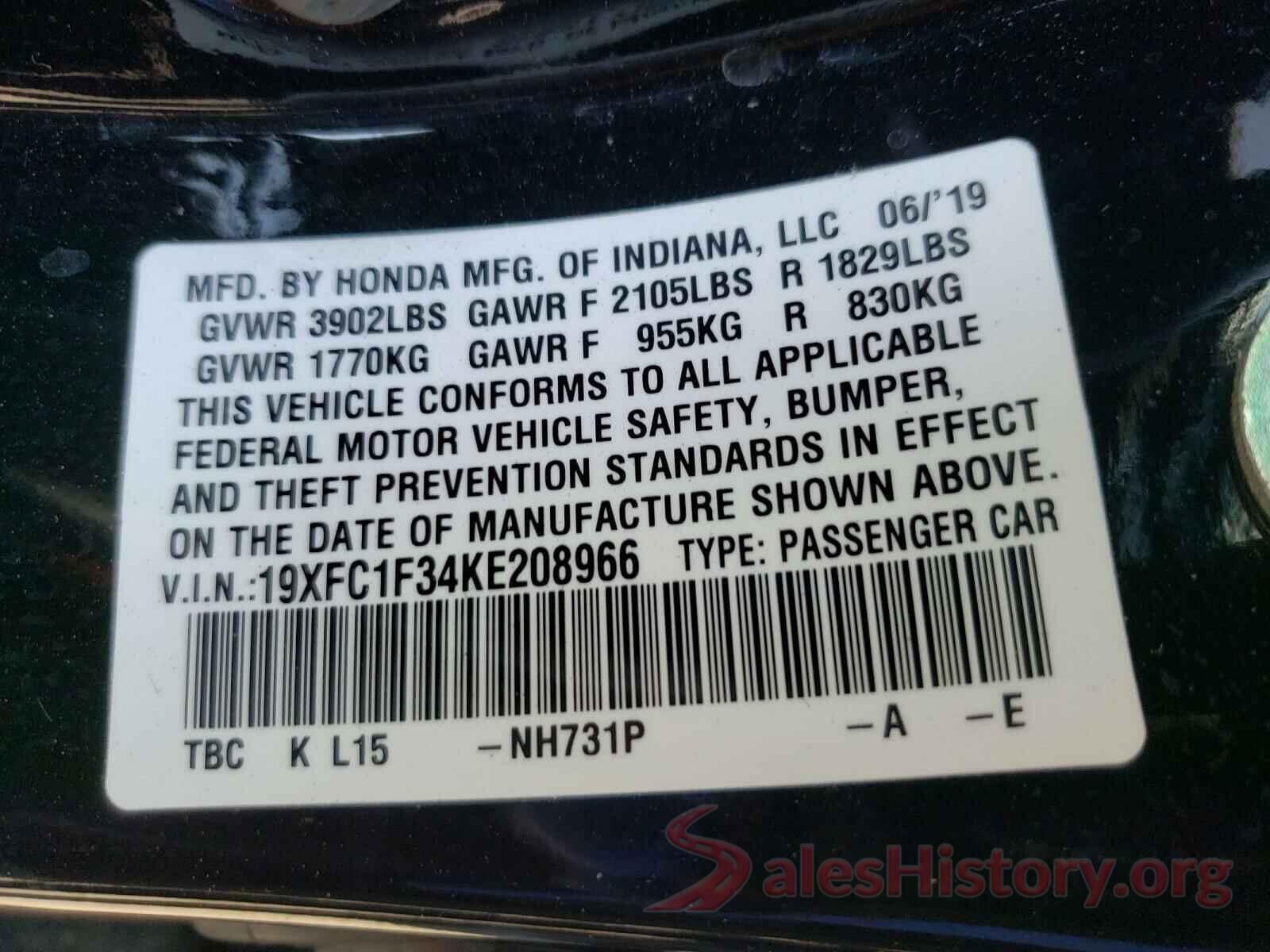 19XFC1F34KE208966 2019 HONDA CIVIC