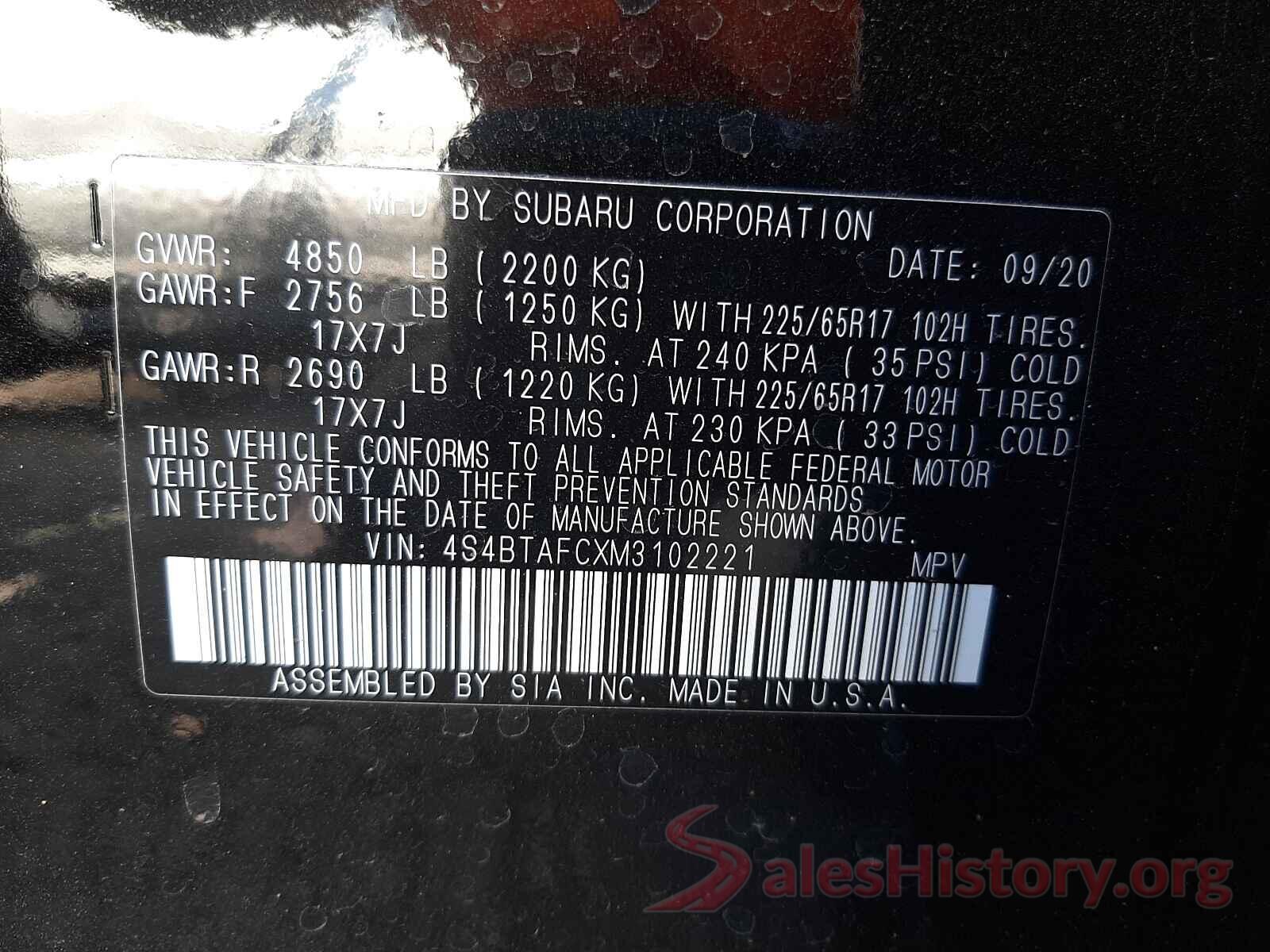 4S4BTAFCXM3102221 2021 SUBARU OUTBACK