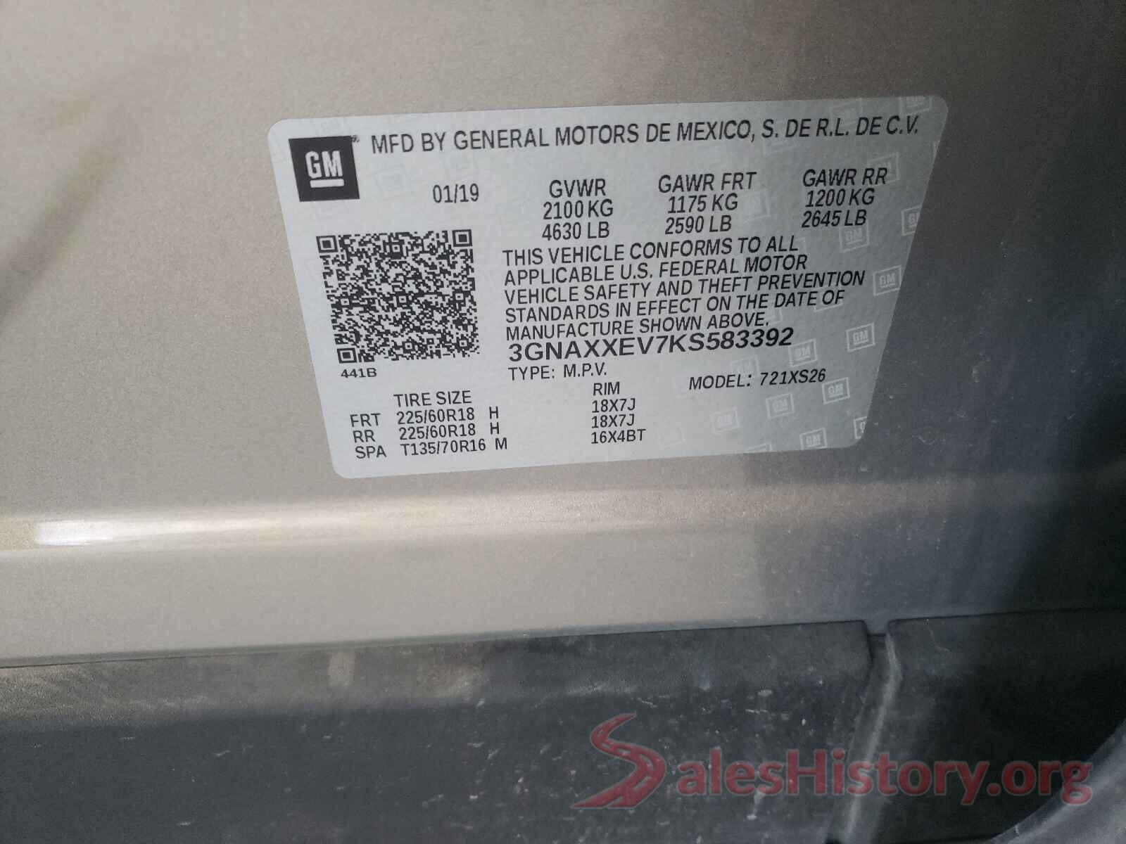 3GNAXXEV7KS583392 2019 CHEVROLET EQUINOX