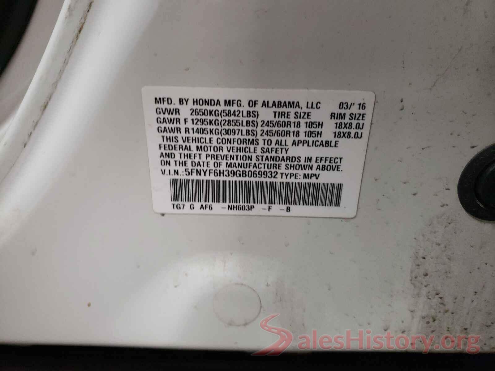 5FNYF6H39GB069932 2016 HONDA PILOT