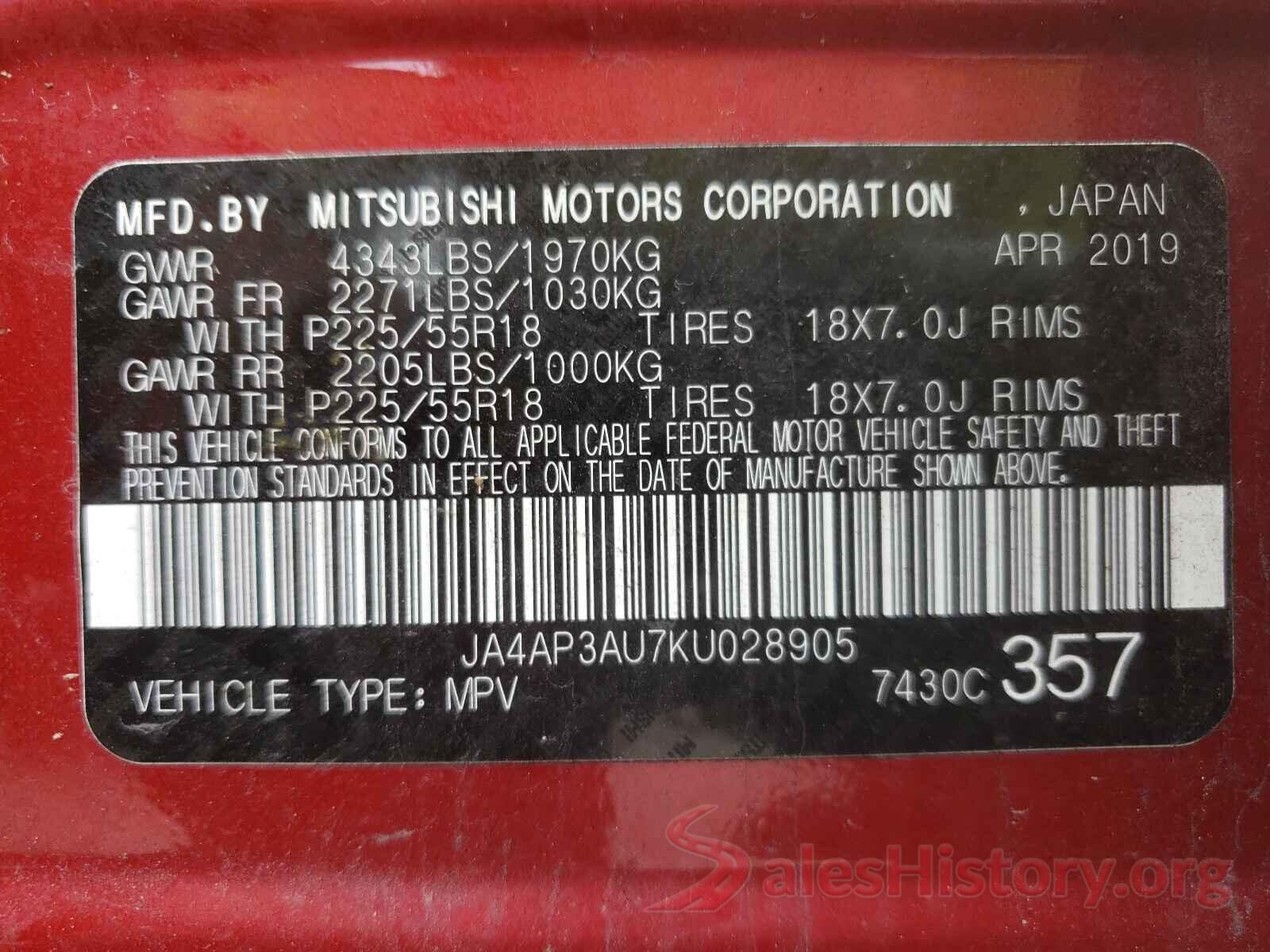 JA4AP3AU7KU028905 2019 MITSUBISHI OUTLANDER