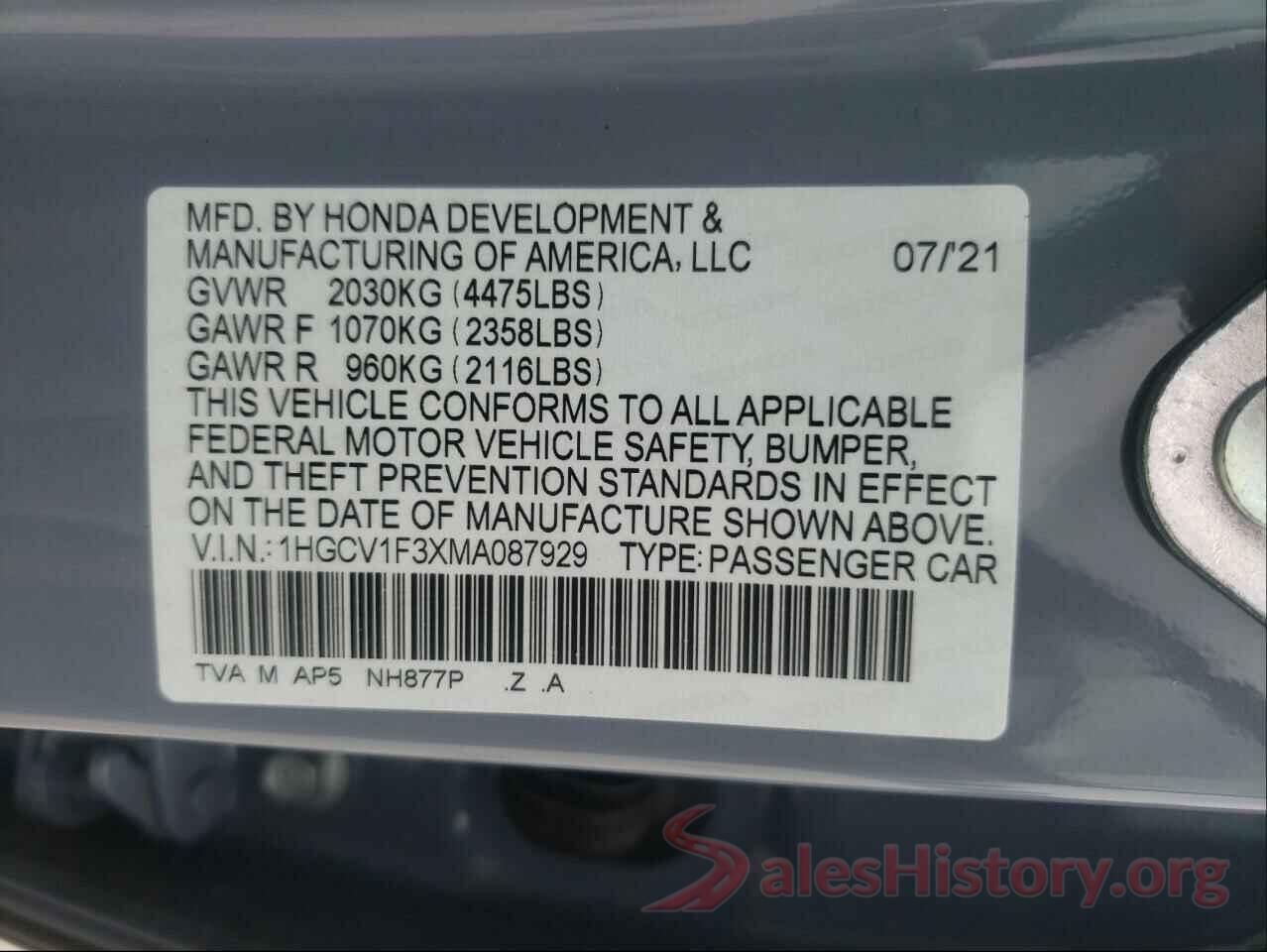 1HGCV1F3XMA087929 2021 HONDA ACCORD