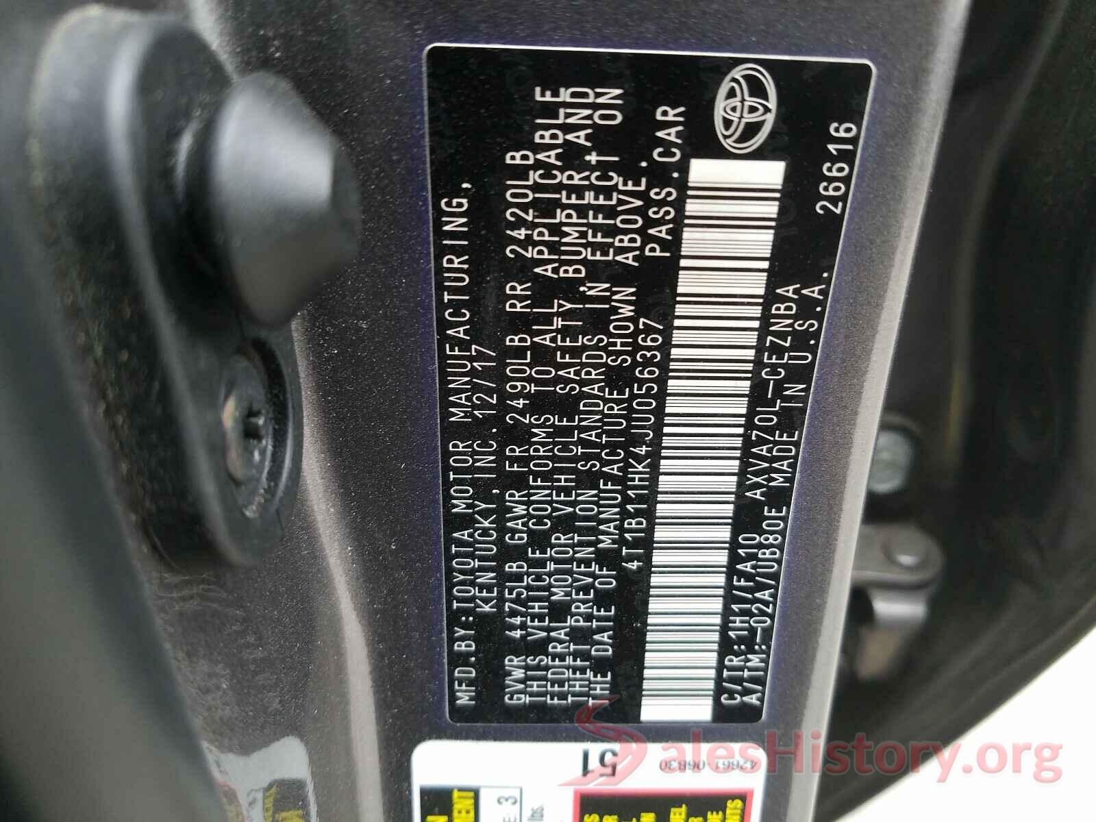 4T1B11HK4JU056367 2018 TOYOTA CAMRY