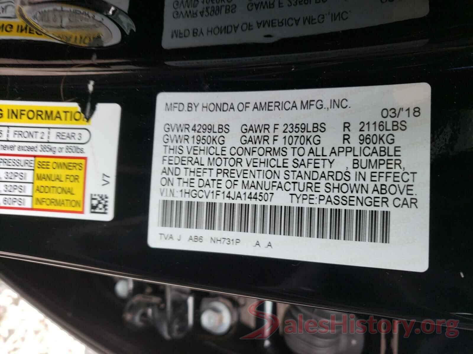 1HGCV1F14JA144507 2018 HONDA ACCORD