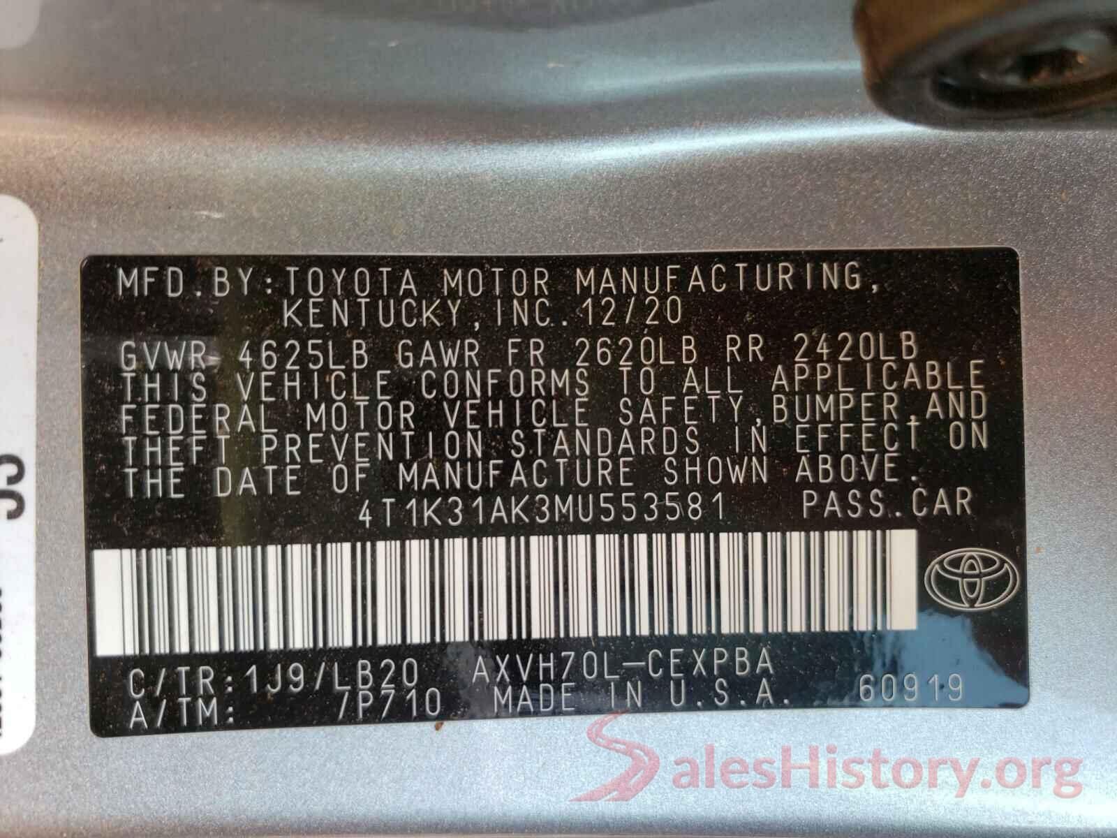 4T1K31AK3MU553581 2021 TOYOTA CAMRY