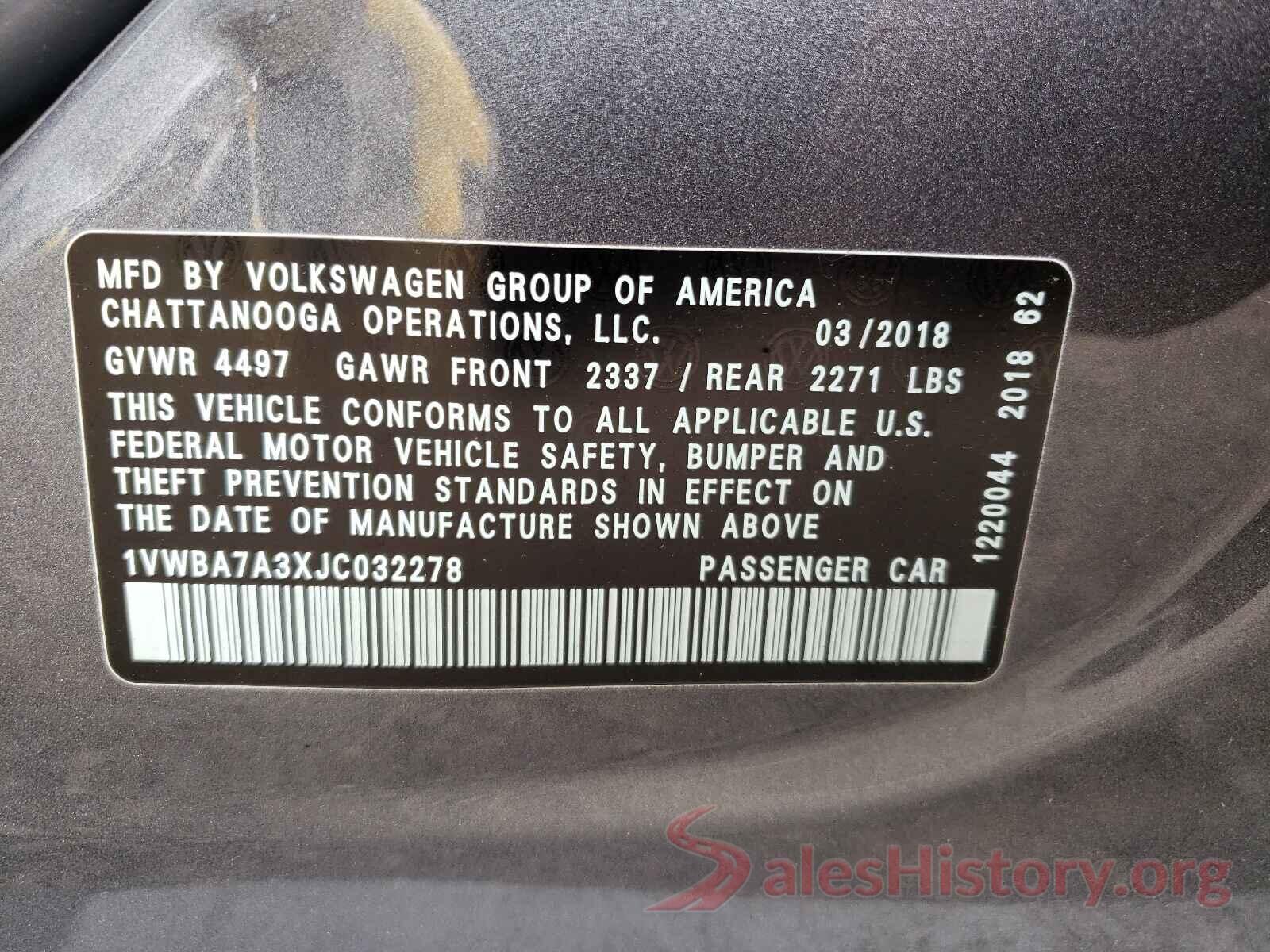 1VWBA7A3XJC032278 2018 VOLKSWAGEN PASSAT