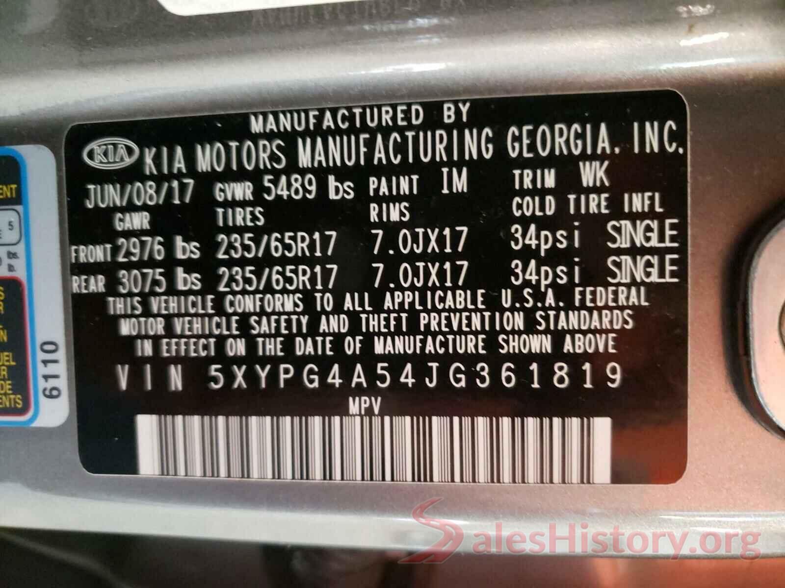 5XYPG4A54JG361819 2018 KIA SORENTO