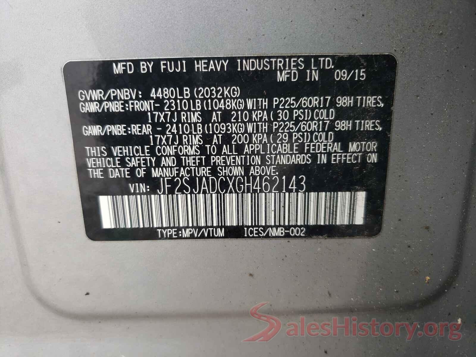 JF2SJADCXGH462143 2016 SUBARU FORESTER