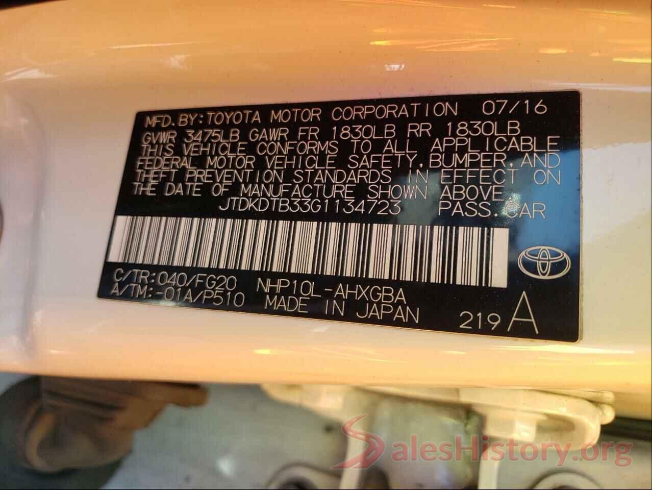 JTDKDTB33G1134723 2016 TOYOTA PRIUS