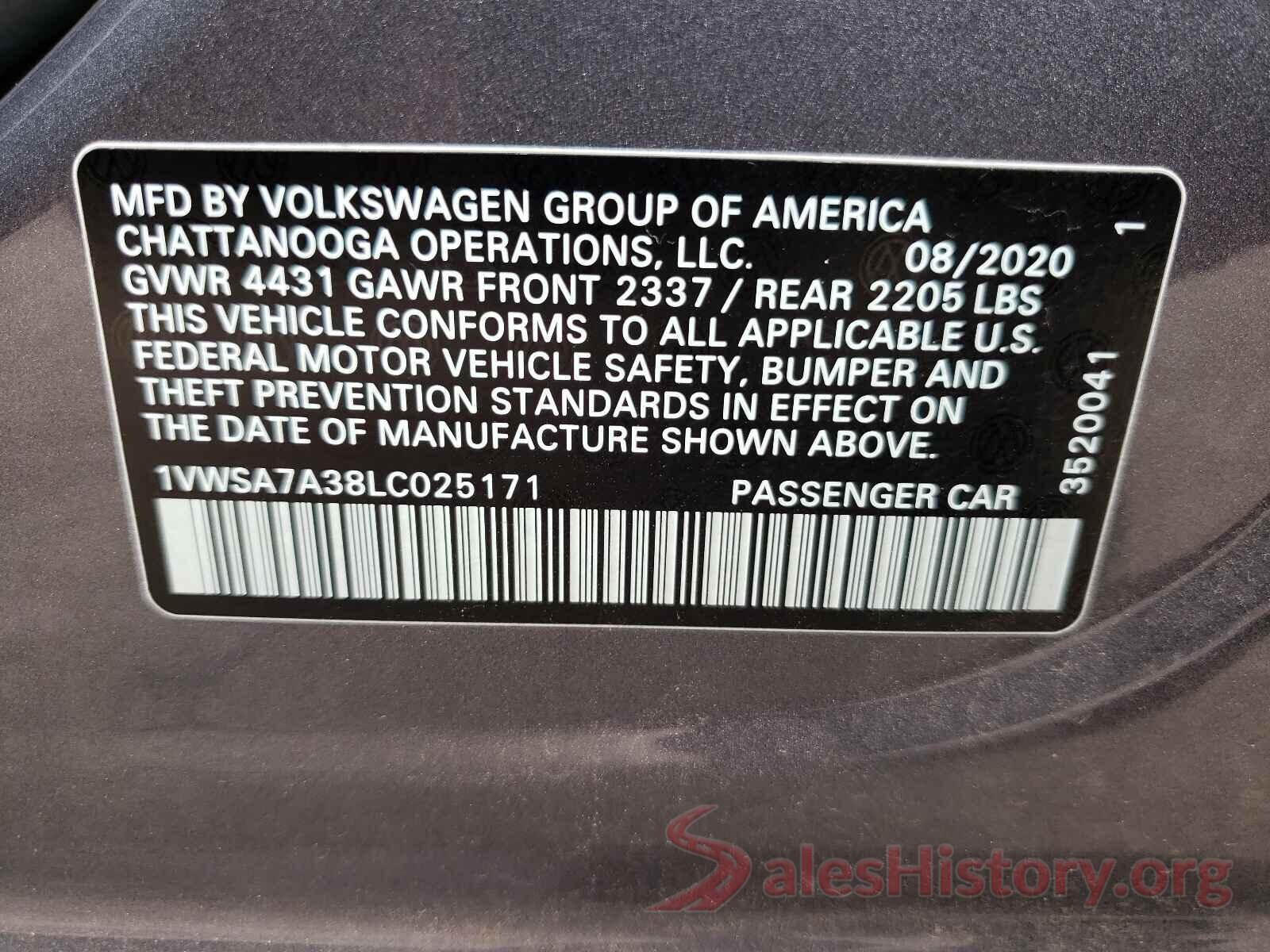 1VWSA7A38LC025171 2020 VOLKSWAGEN PASSAT