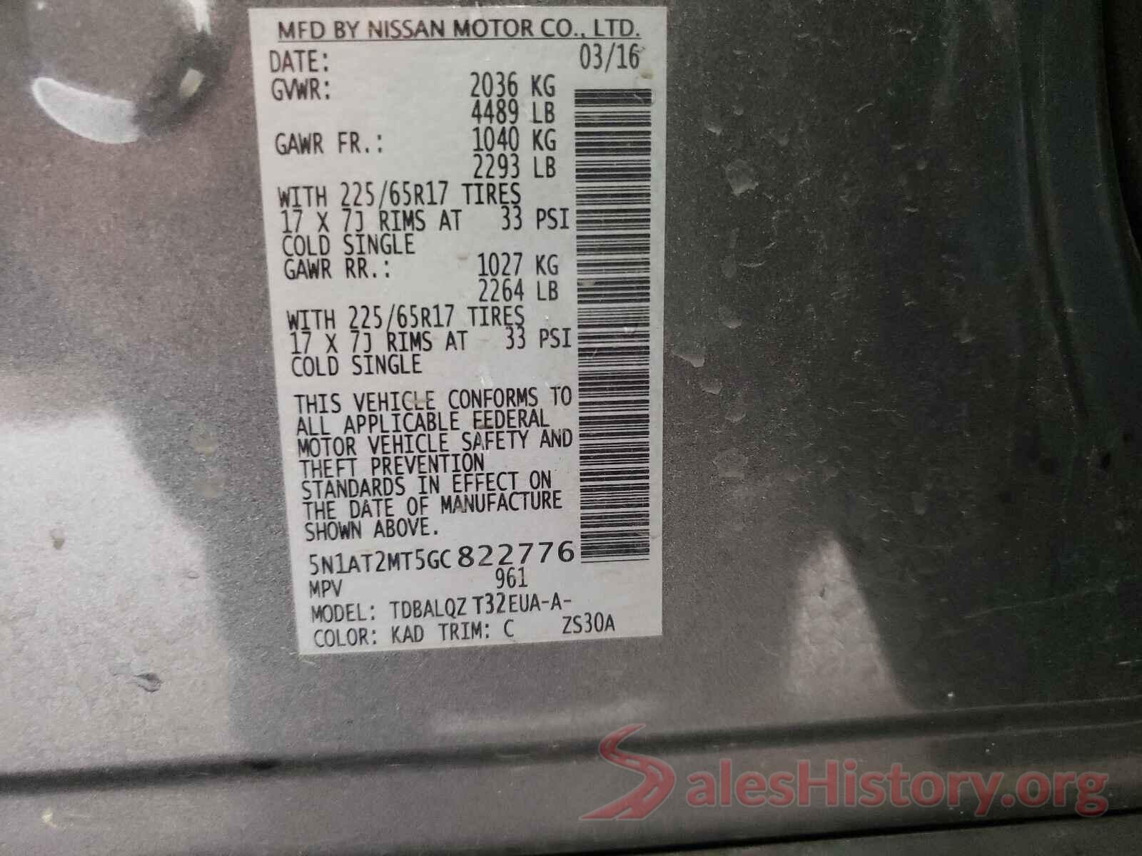 5N1AT2MT5GC822776 2016 NISSAN ROGUE