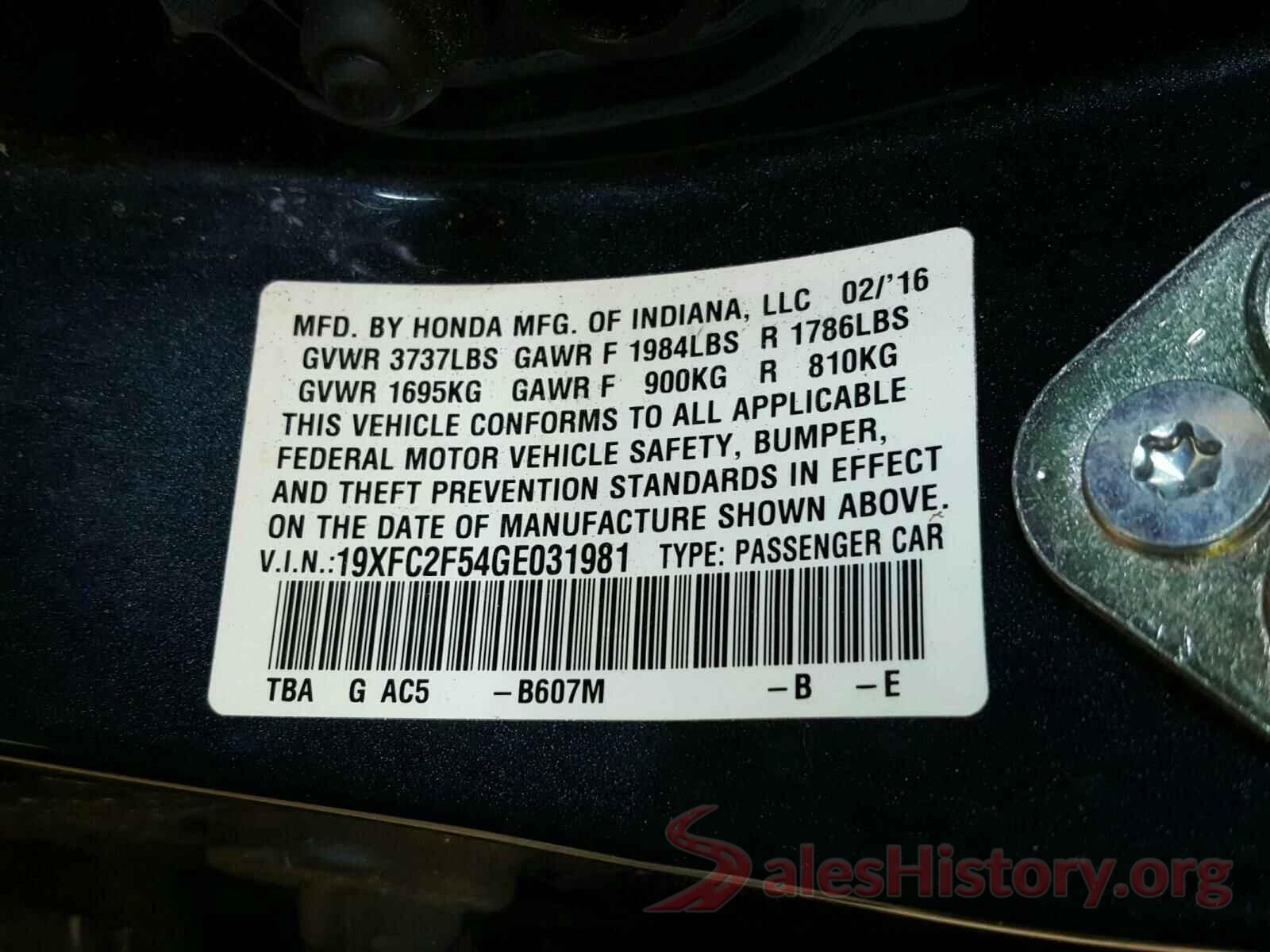 19XFC2F54GE031981 2016 HONDA CIVIC