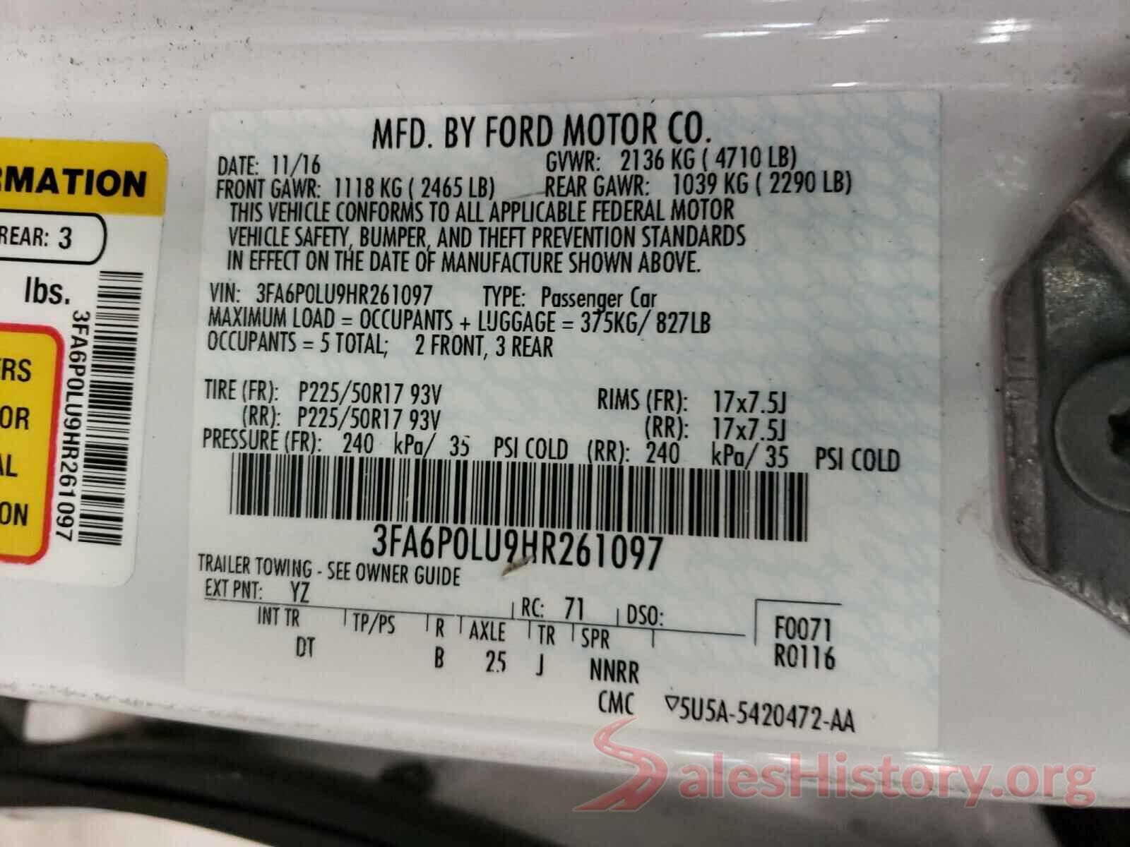 3FA6P0LU9HR261097 2017 FORD FUSION