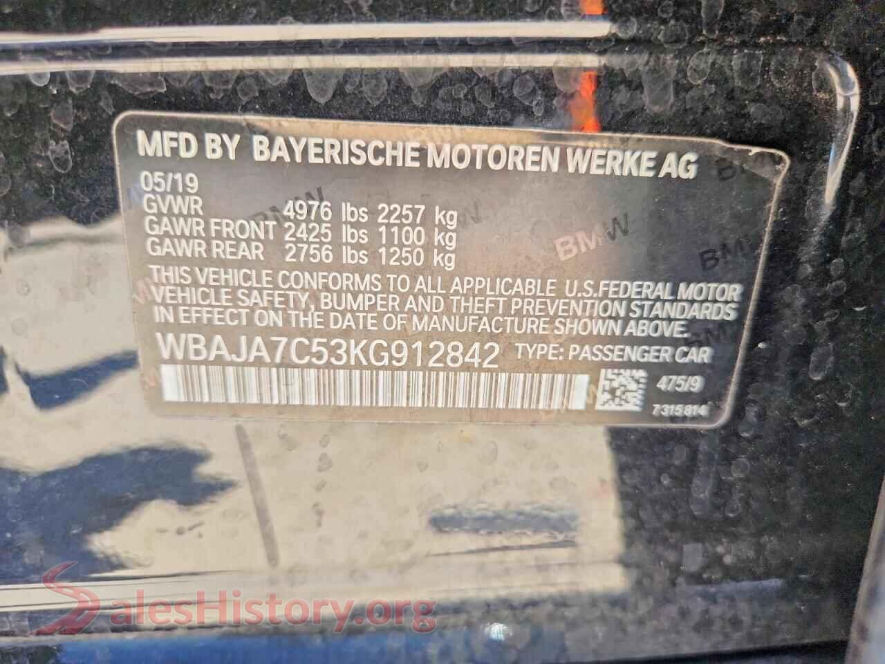 2019 BMW 5 SERIES VIN WBAJA7C53KG912842, wheel and tire