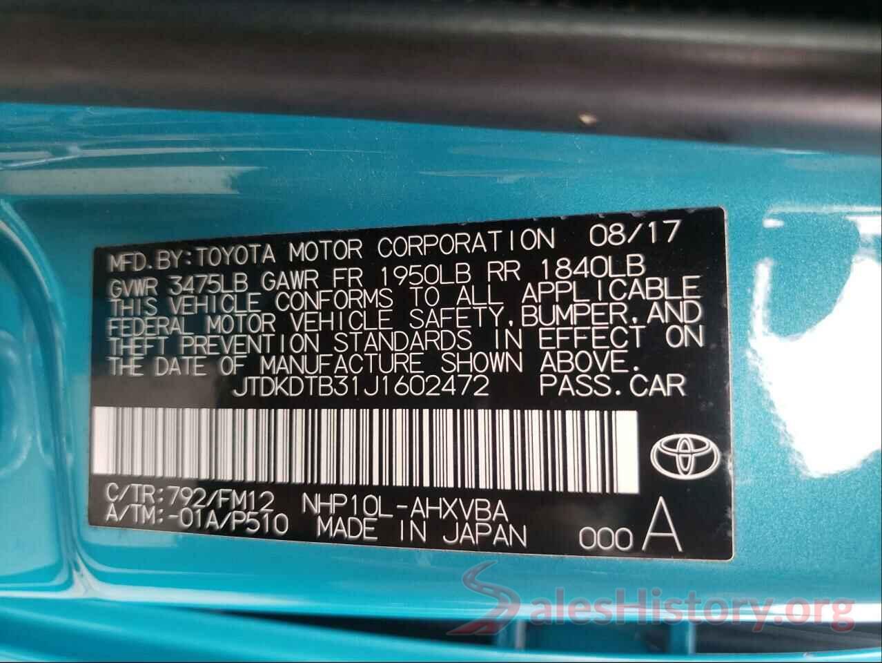 JTDKDTB31J1602472 2018 TOYOTA PRIUS