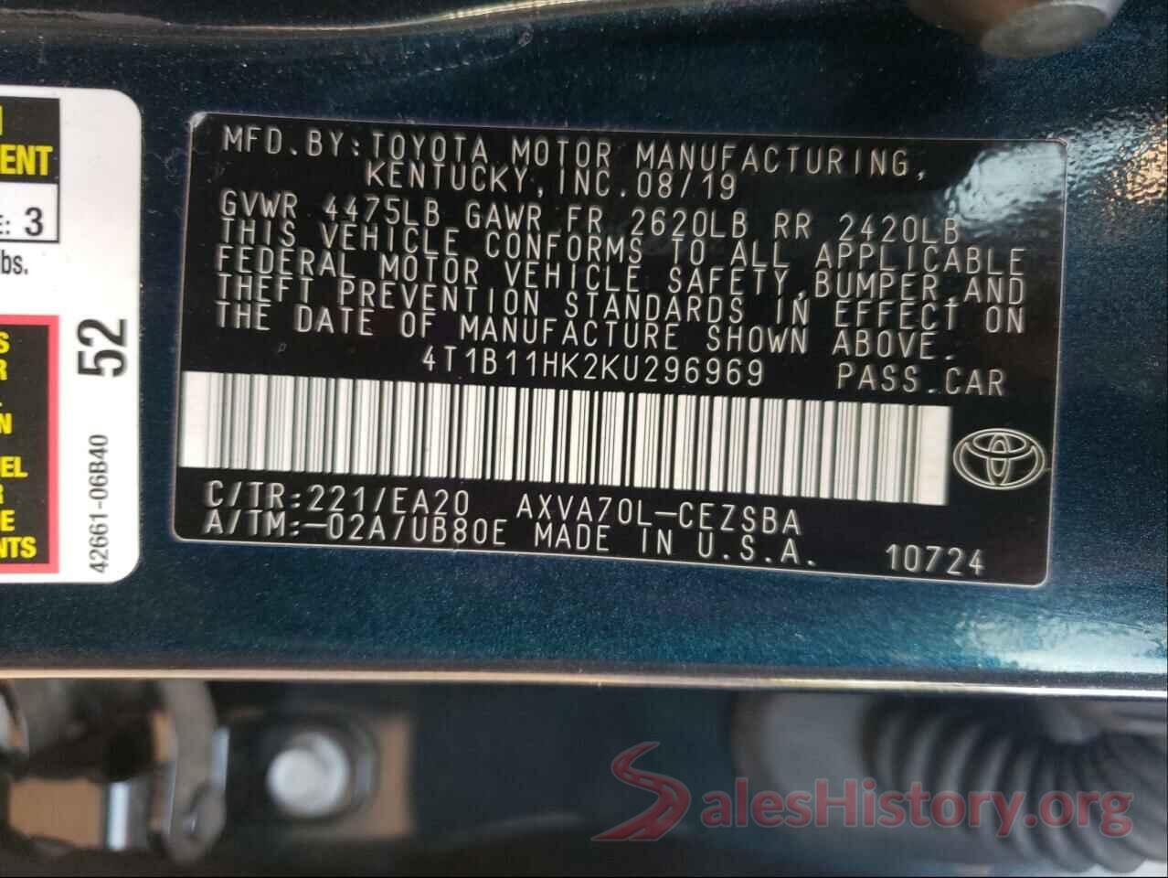 4T1B11HK2KU296969 2019 TOYOTA CAMRY