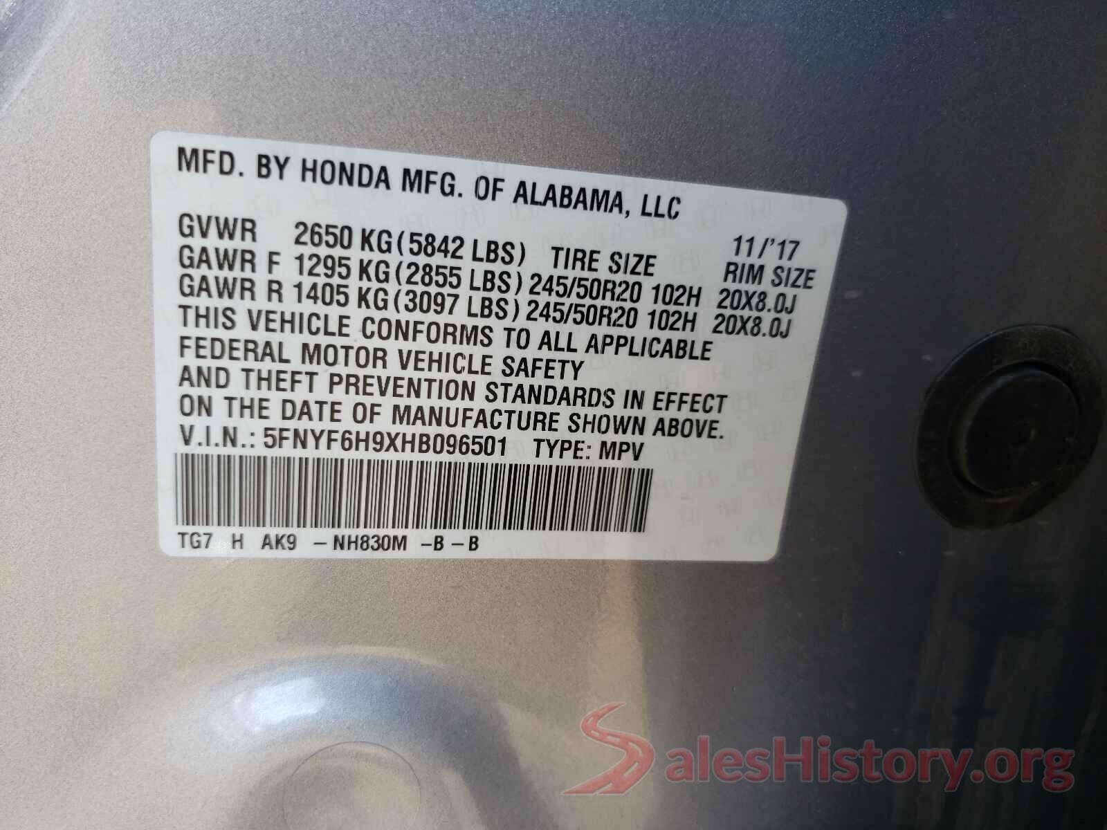 5FNYF6H9XHB096501 2017 HONDA PILOT