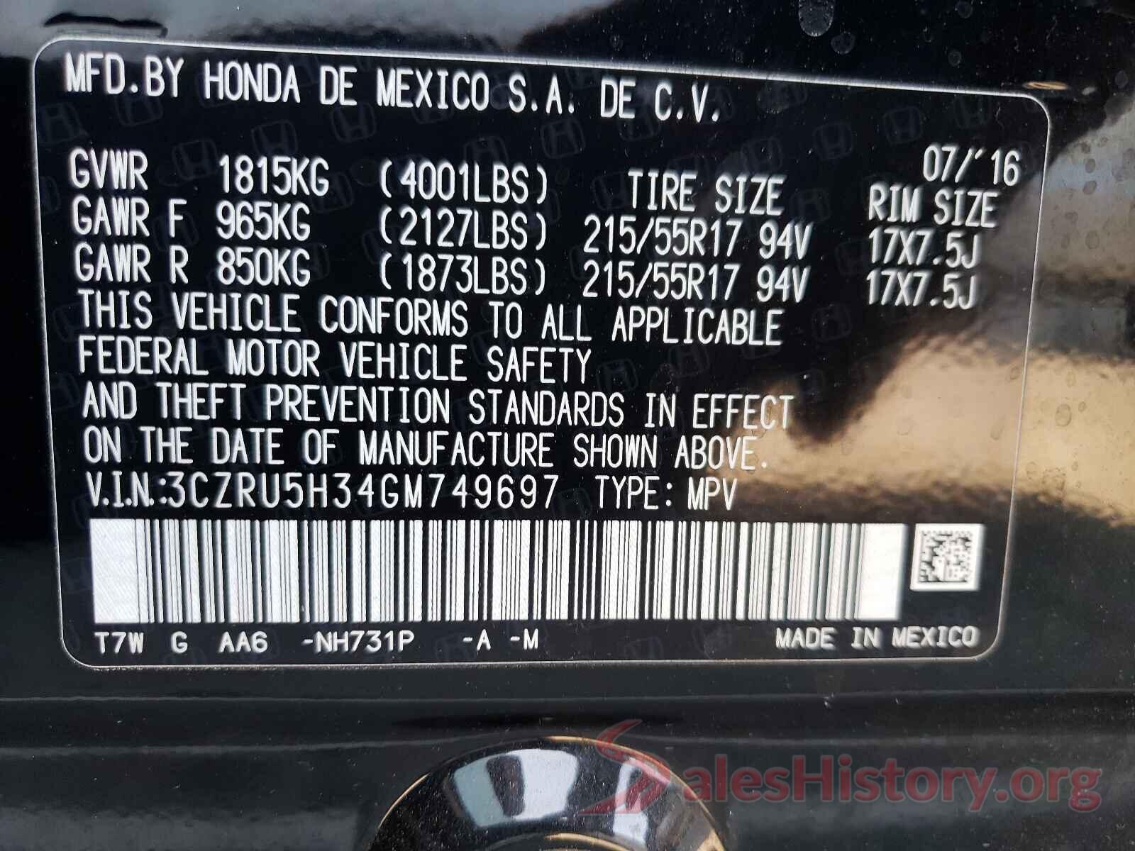 3CZRU5H34GM749697 2016 HONDA HR-V