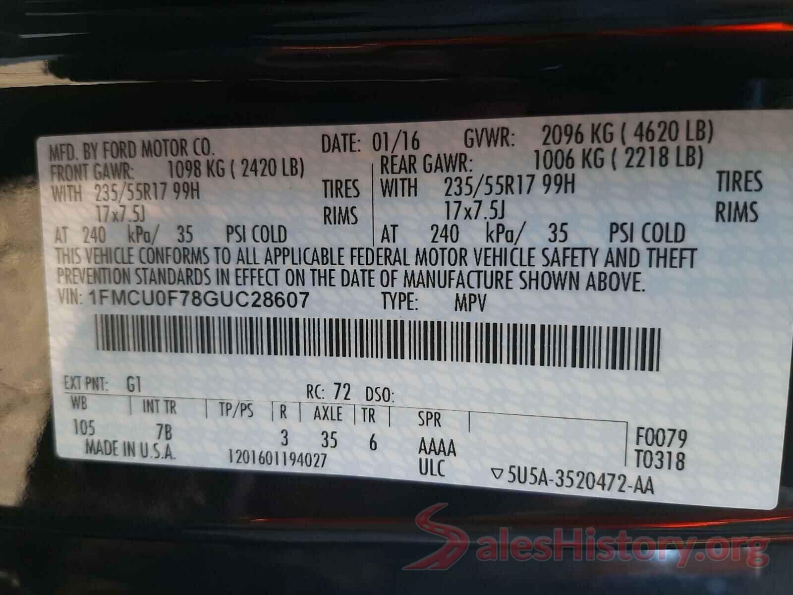 1FMCU0F78GUC28607 2016 FORD ESCAPE