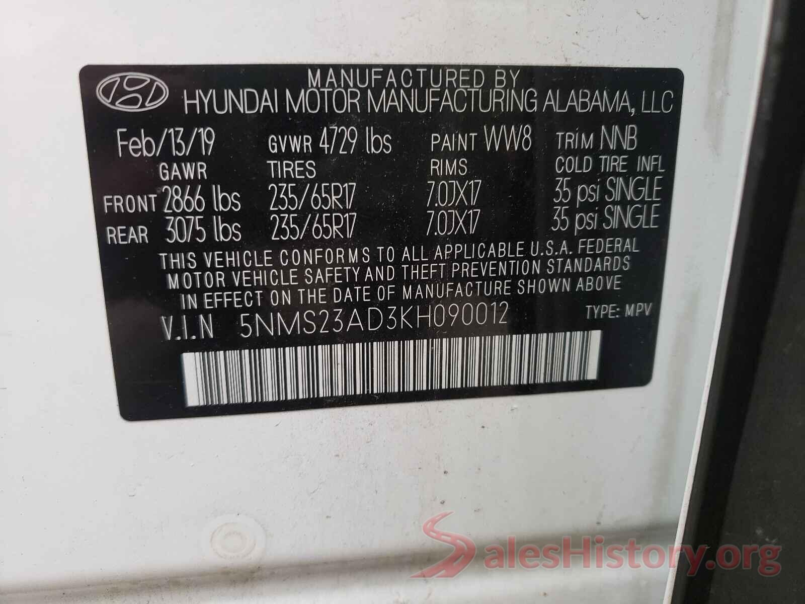 5NMS23AD3KH090012 2019 HYUNDAI SANTA FE