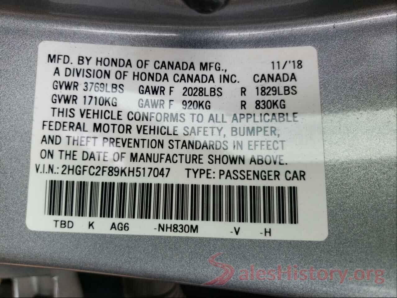 2HGFC2F89KH517047 2019 HONDA CIVIC