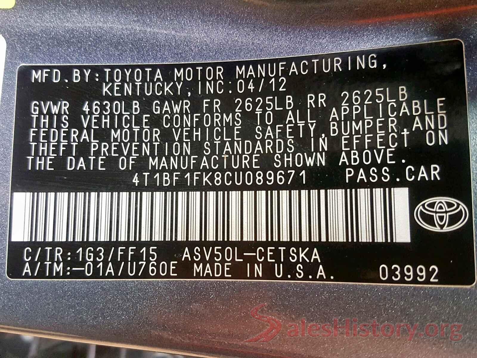 4T1BF1FK8CU089671 2012 TOYOTA CAMRY BASE