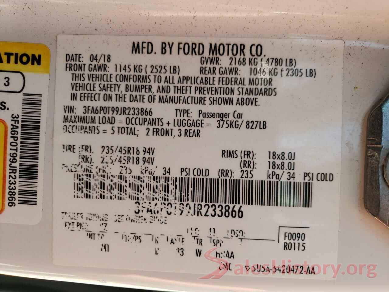 3FA6P0T99JR233866 2018 FORD FUSION