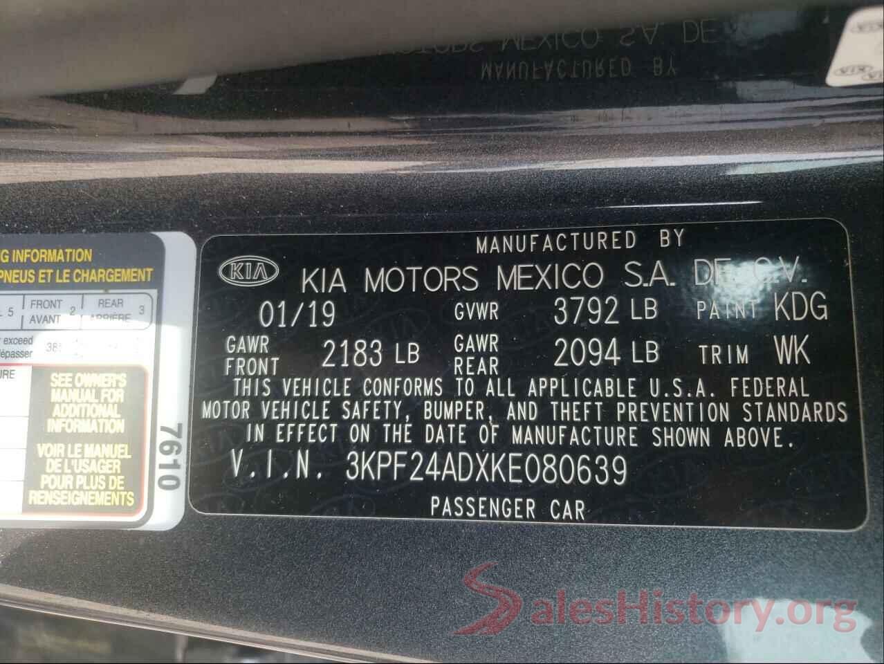 3KPF24ADXKE080639 2019 KIA FORTE