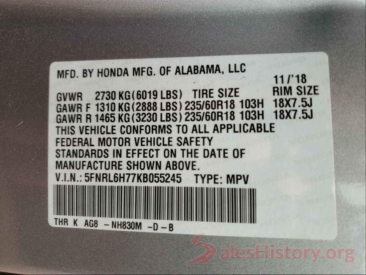 5FNRL6H77KB055245 2019 HONDA ODYSSEY