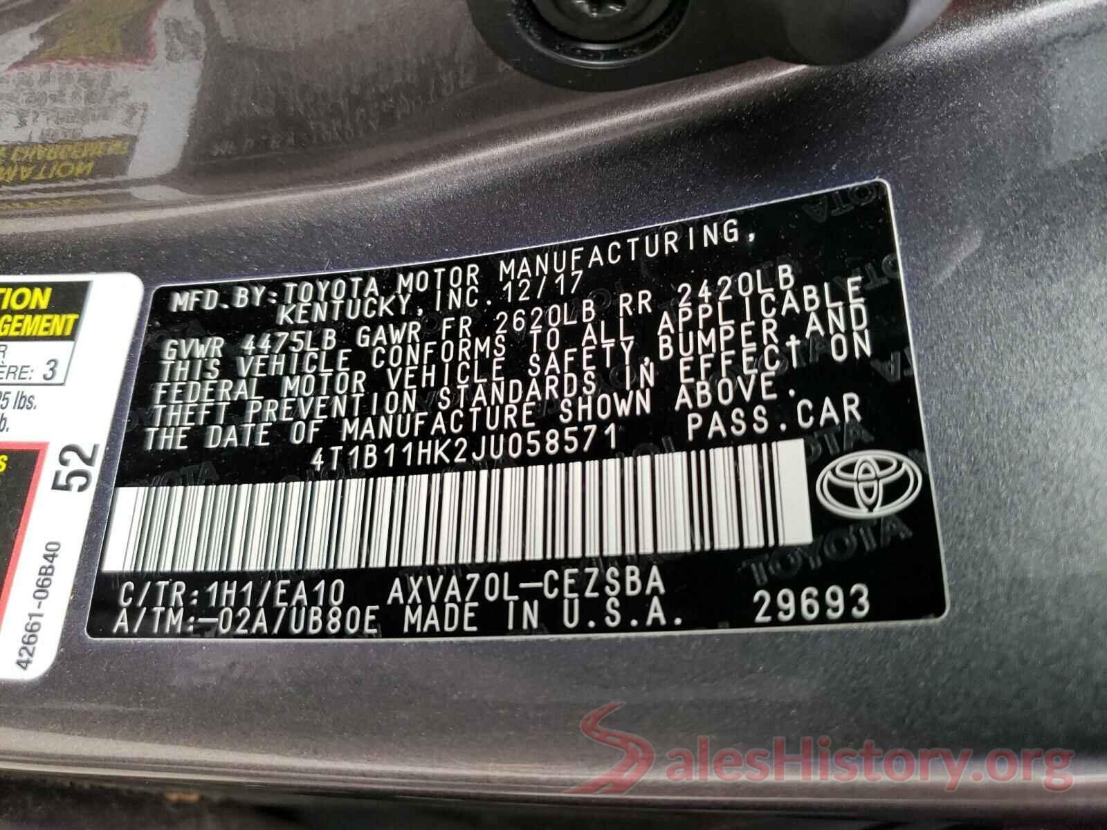 4T1B11HK2JU058571 2018 TOYOTA CAMRY