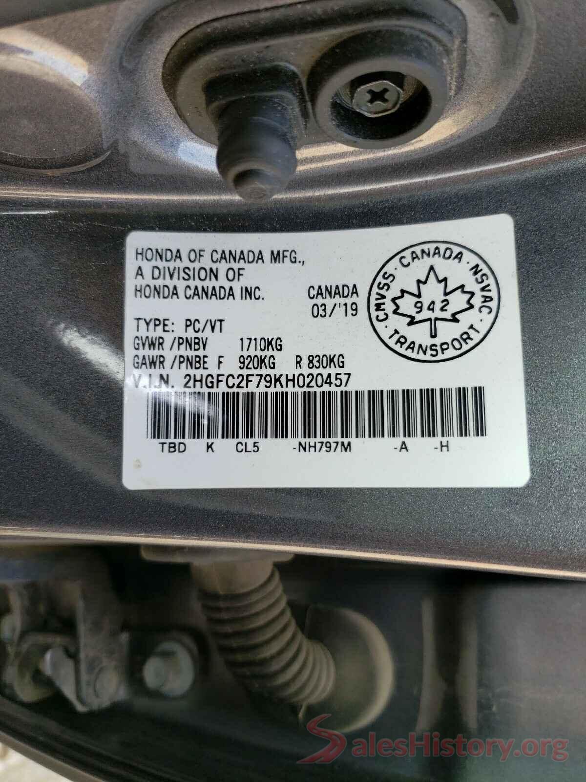 2HGFC2F79KH020457 2019 HONDA CIVIC