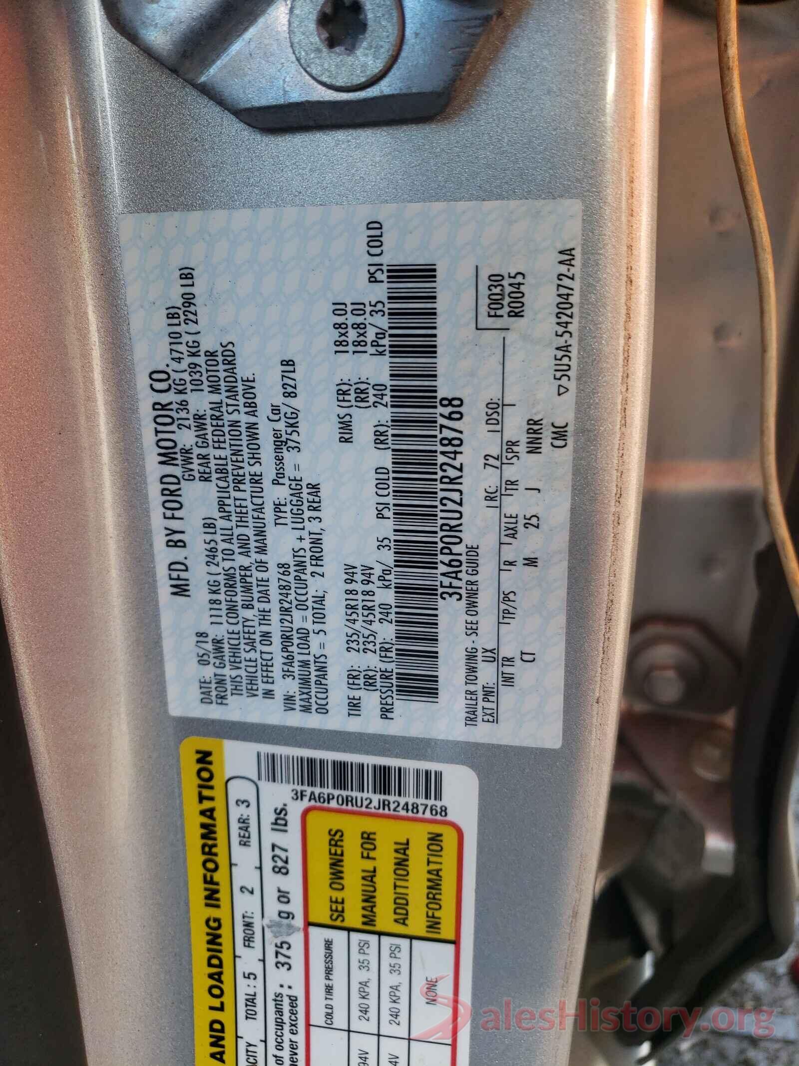 3FA6P0RU2JR248768 2018 FORD FUSION