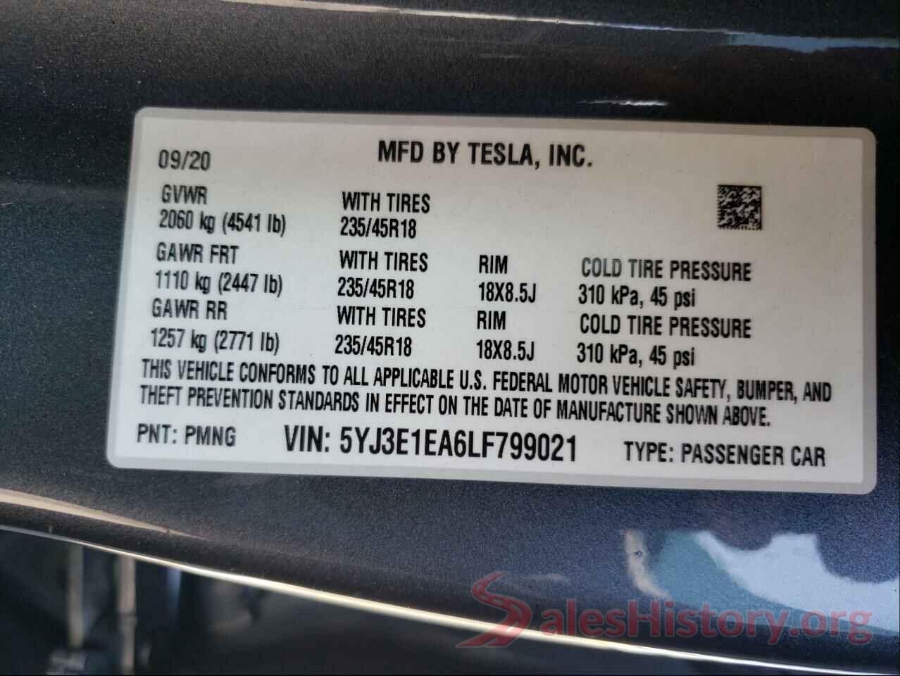 5YJ3E1EA6LF799021 2020 TESLA MODEL 3