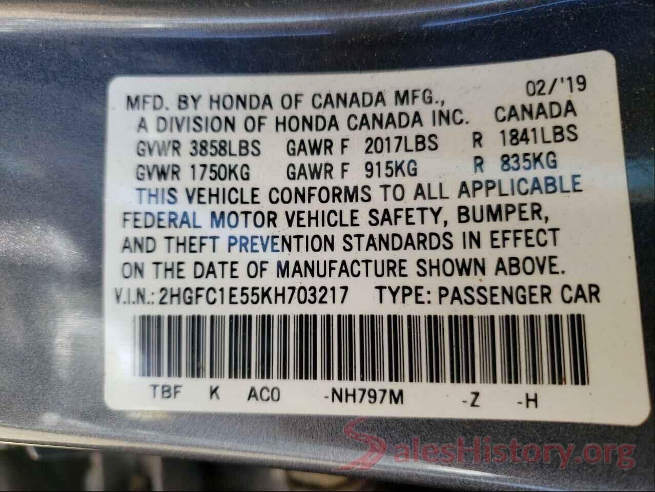 2HGFC1E55KH703217 2019 HONDA CIVIC