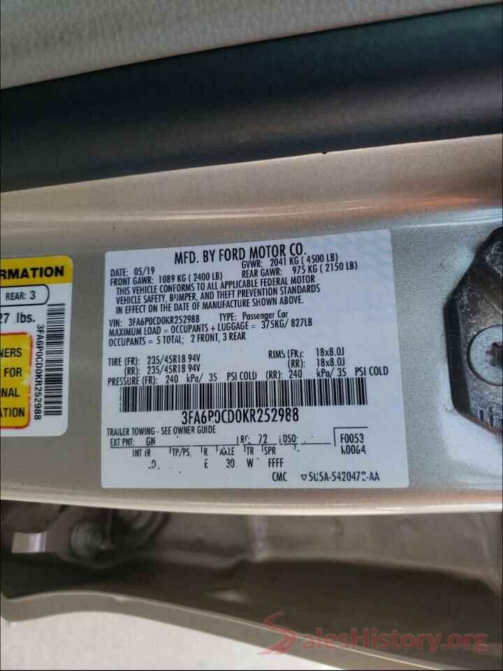 3FA6P0CD0KR252988 2019 FORD FUSION