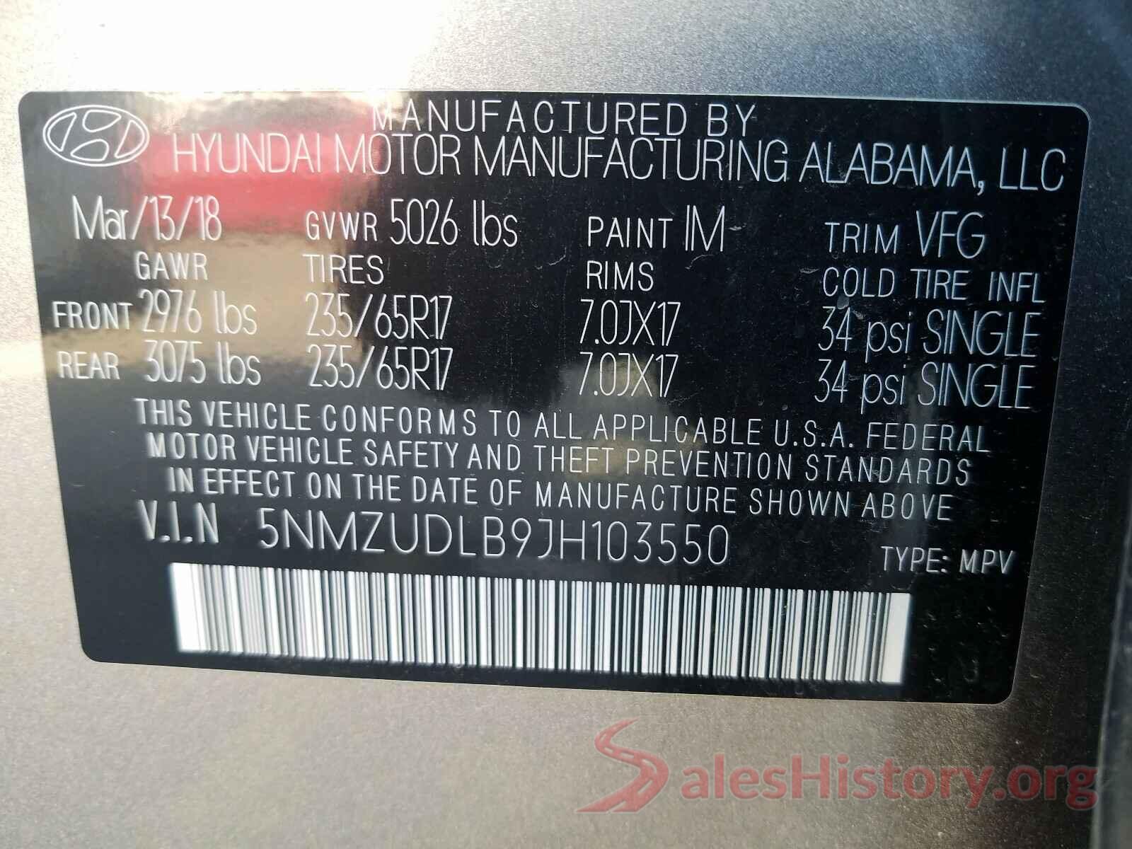 5NMZUDLB9JH103550 2018 HYUNDAI SANTA FE