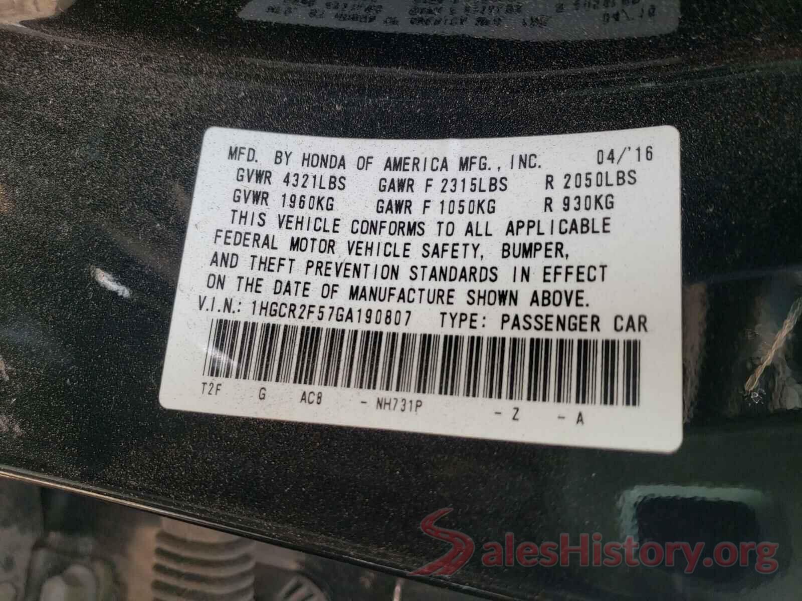 1HGCR2F57GA190807 2016 HONDA ACCORD