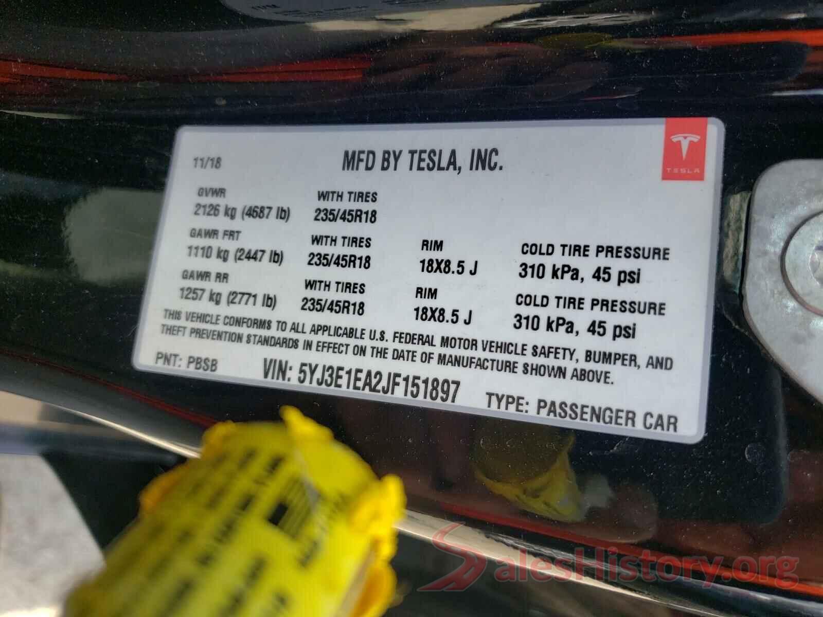 5YJ3E1EA2JF151897 2018 TESLA MODEL 3