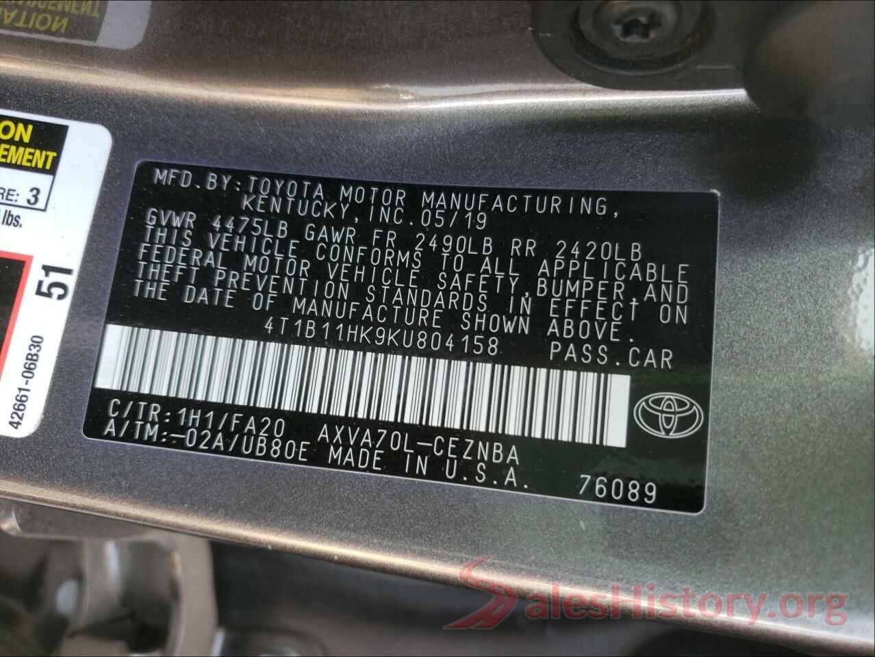 4T1B11HK9KU804158 2019 TOYOTA CAMRY